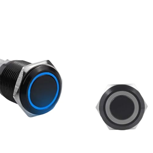 12/16/19/22mm Schwarz shell Push Button Switch Metall Wasserdicht Rastend Momentary LED Licht Auto motor Power Schalter Blau Rot(Blue Ring,12MM_SELF LOCKING_12-24V(12V)) von RUNZTXZH