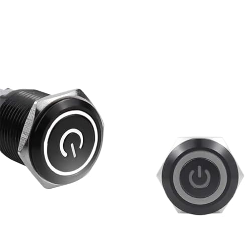 12/16/19/22mm Schwarz shell Push Button Switch Metall Wasserdicht Rastend Momentary LED Licht Auto motor Power Schalter Blau Rot(White Ring Power,12MM_SELF LOCKING_12-24V(12V)) von RUNZTXZH