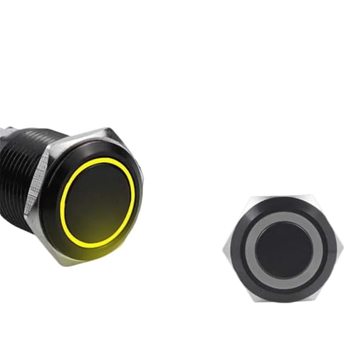 12/16/19/22mm Schwarz shell Push Button Switch Metall Wasserdicht Rastend Momentary LED Licht Auto motor Power Schalter Blau Rot(Yellow Ring,12MM_MOMENTARY SELF-RESET_3-6V(5V)) von RUNZTXZH