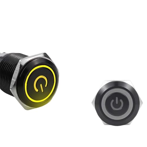 12/16/19/22mm Schwarz shell Push Button Switch Metall Wasserdicht Rastend Momentary LED Licht Auto motor Power Schalter Blau Rot(Yellow Ring Power,16MM_SELF LOCKING_3-6V(5V)) von RUNZTXZH