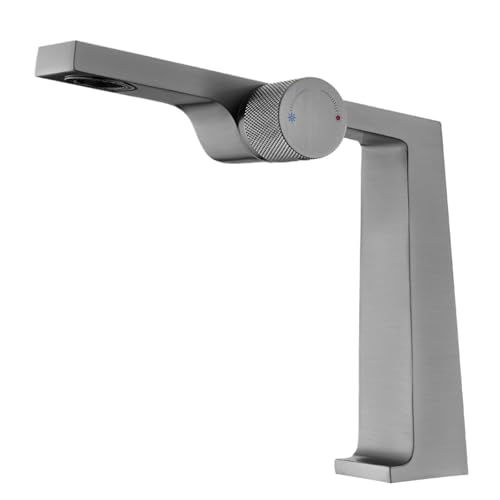 Schwarzer Badezimmerhahn aus Messing mit minimalistischem, modernem Design, Keramikventilkern, Einloch-Waschtischmischer for Warm- und Kaltwasser(Brushed Grey,G1/2) von RUNZTXZH
