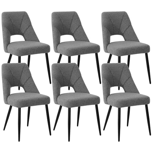 RUOVU Teddy Stoff Esszimmerstühle 6er Set,Stühle Esszimmer mit Hohler Rückenlehne, Gepolsterte Küchenstühle,Dining Chairs mit Metallbeinen 150kg Belastbar von RUOVU