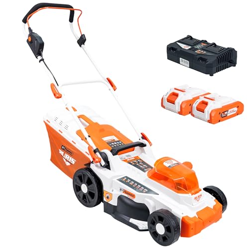 Ruris RXI3744e Rasenmäher, kabellos, Schnittbreite 37 cm, Höhe 25 – 75 mm, 3-in-1-Funktion (Auffahren, Heckauswurf, Mulching), 2 x Li-Ion-Akkus 20 V 4 Ah und Doppel-Ladegerät im Lieferumfang enthalten von RURIS POWER FOR NATURE