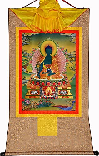 RURUR Bild Seidenrolle,Rolle for Aufhängen,Seidenrolle,Tibetische Thangka,Bhaisajyaguru,Medizin-Buddha,Heißprägung(Beige,Medium(62cm*47cm)) von RURUR