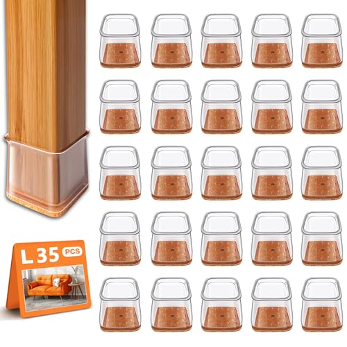 RUSIDO 35 Stück Stuhlbeinkappen Eckig(Groß Fit Seitenlänge: 26-40mm), Klare Silikon Stuhlbeinschoner, Stuhl Beinprotektoren, Boden vor Kratzern schützen von RUSIDO