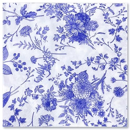 RUSPEPA 25 Stück Cocktailservietten mit blauen Blumenmustern – blaue und weiße Toile-Papierservietten für Braut- und Babypartys, Teepartys, Gartenpartys, Geburtstagspartys – (12,7x12,7 cm) 5x5 Zoll von RUSPEPA