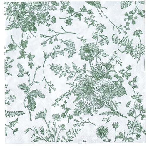 RUSPEPA 25 Stück Gästeservietten mit grünen Blumenmustern – grüne und weiße Toile-Papierservietten für Braut- und Babypartys, Teepartys, Gartenpartys, Geburtstagspartys – (12,7 x 12,7 cm) 5 x 5 Zoll von RUSPEPA