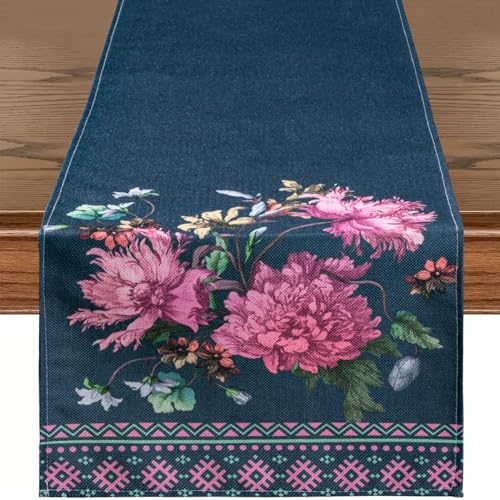 RUSPEPA Tischläufer mit Blumen, Leinen-Tischläufer für den täglichen Gebrauch, Küche, Esszimmer, Dekoration, Partytisch – 33 x 183 cm – Blume Marineblau von RUSPEPA