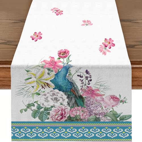 RUSPEPA Tischläufer mit Pfau und Blumen, Leinen-Tischläufer für den täglichen Gebrauch, Küche, Esszimmer, Dekoration, Partytisch – 33 x 183 cm – Pfau und Blume von RUSPEPA