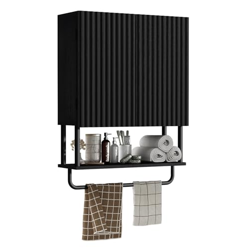 RUSTOWN Geriffelter Badezimmer-Wandschrank mit 2 Türen, 3-stöckiger moderner Bauernhaus-Medizinschrank, über dem WC-Aufbewahrungsschrank mit verstellbarem Regal und Handtuchstange (Schwarz, Medium) RUSTOWN Geriffelter Badezimmer-Wandschrank mit 2 Türen, 3-stöckiger moderner Bauernhaus-Medizinschrank, über dem WC-Aufbewahrungsschrank mit verstellbarem Regal und Handtuchstange (Schwarz, Medium) von RUSTOWN