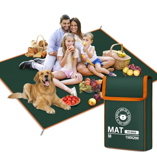 RUVVDR Picknickdecke Wasserdicht Stranddecke Sandfrei mit 4 Erdankern,Picnic Blanket für Camping, Park, Garten, BBQ,Strand,Faltbar (Grün, 150 X 200 cm) von RUVVDR
