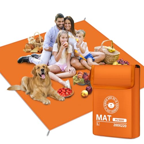 RUVVDR Picknickdecke Wasserdicht Stranddecke Sandfrei mit 4 Erdankern,Picnic Blanket für Camping, Park, Garten, BBQ,Strand,Faltbar (Orange, 200 X 200 cm) von RUVVDR