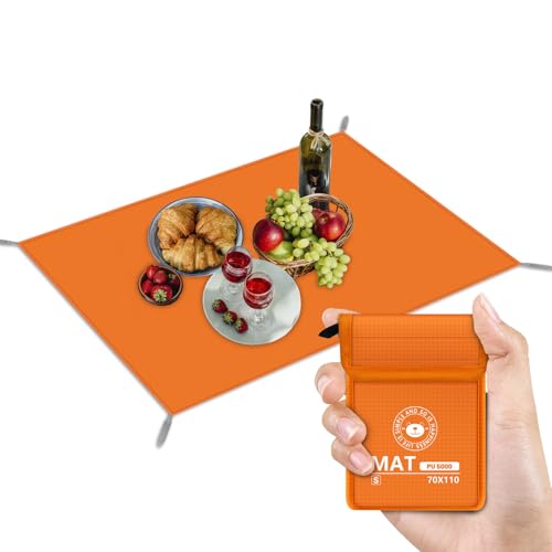 RUVVDR Picknickdecke Wasserdicht Stranddecke Sandfrei mit 4 Erdankern,Picnic Blanket für Camping, Park, Garten, BBQ,Strand,Faltbar (Orange, 70 X 110 cm) von RUVVDR