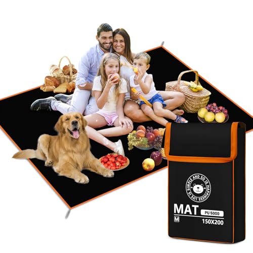 RUVVDR Picknickdecke Wasserdicht Stranddecke Sandfrei mit 4 Erdankern,Picnic Blanket für Camping, Park, Garten, BBQ,Strand,Faltbar (Schwarz, 150 X 200 cm) von RUVVDR