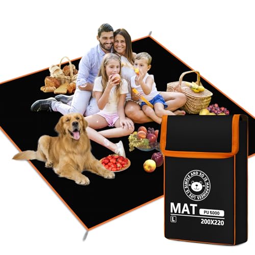 RUVVDR Picknickdecke Wasserdicht Stranddecke Sandfrei mit 4 Erdankern,Picnic Blanket für Camping, Park, Garten, BBQ,Strand,Faltbar (Schwarz, 200 X 200 cm) von RUVVDR
