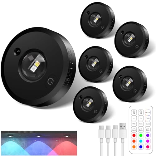 RUYI Vitrinenbeleuchtung LED Schrankbeleuchtung USB Aufladbar,RGB LED Spot Akku Dimmbar Unterbauleuchte Kabellos mit Fernbedienung,Rund Indirekte Beleuchtung mit Timer,6er Pack von RUYI