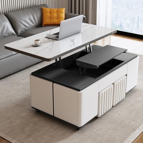 RUYICZB Couchtisch Höhenverstellbar, 3-In-1-Multifunktions-Wohnzimmertisch Mit Versteckter Aufbewahrung Und 4 Hockern, Couchtisch Umwandelbar in Wohnzimmer-Esstisch,39.4" von RUYICZB
