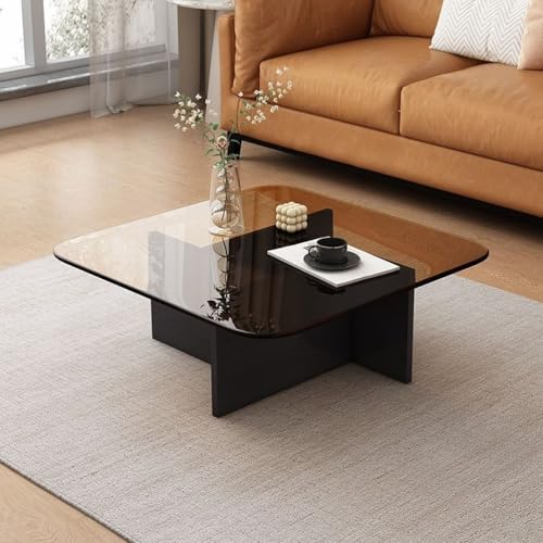 RUYICZB Quadratischer Couchtisch Mit Glasplatte, Mitteltisch Für Wohnzimmer Aus Gehärtetem Glas, Moderne Tische Für Kleine Räume, Büro, Zuhause,Tea Black,80cm von RUYICZB