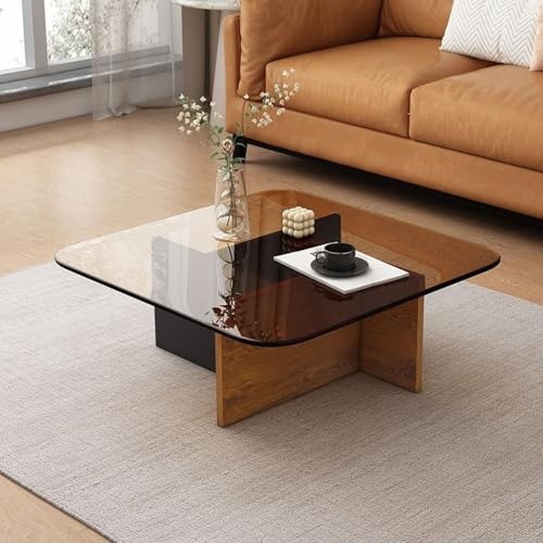 RUYICZB Quadratischer Couchtisch Mit Glasplatte, Mitteltisch Für Wohnzimmer Aus Gehärtetem Glas, Moderne Tische Für Kleine Räume, Büro, Zuhause,Tea Black Oak,80cm von RUYICZB