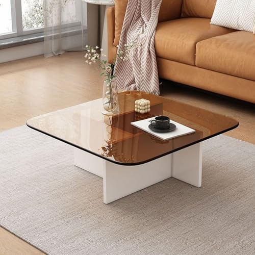 RUYICZB Quadratischer Couchtisch Mit Glasplatte, Mitteltisch Für Wohnzimmer Aus Gehärtetem Glas, Moderne Tische Für Kleine Räume, Büro, Zuhause,Tea White,70cm von RUYICZB