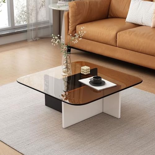 RUYICZB Quadratischer Couchtisch Mit Glasplatte, Mitteltisch Für Wohnzimmer Aus Gehärtetem Glas, Moderne Tische Für Kleine Räume, Büro, Zuhause,Tea White Black,80cm von RUYICZB