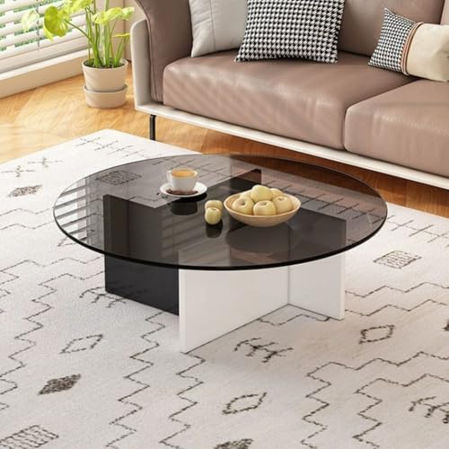 RUYICZB Runde Couchtische Aus Glas Für Das Wohnzimmer, Runder Couchtisch Mit Glasplatte, Moderner Runder Mitteltisch, Runde Tische Für Schlafzimmer, Büro, Lounge,Black White Grey,80cm von RUYICZB