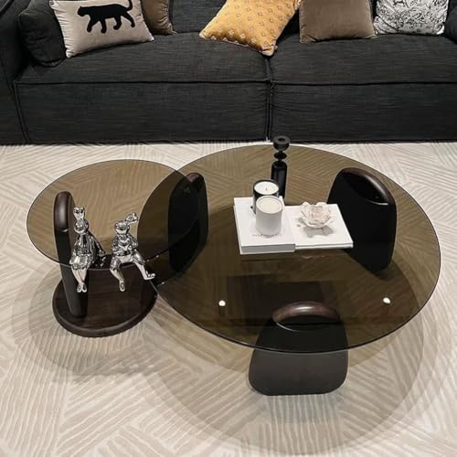 RUYICZB Runder Couchtisch-Satz Aus 2 Glas, Moderner Runder Couchtisch Aus Glas Mit Beinen Massivholz, Moderne Tische 2 Für Wohnzimmer, Schlafzimmer, Balkon, Büro,Braun,90cm von RUYICZB