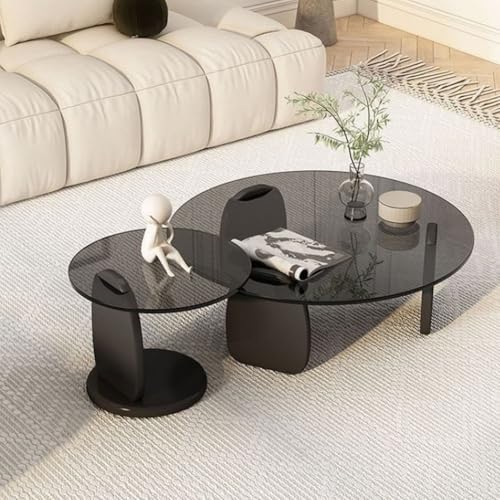 RUYICZB Runder Couchtisch-Satz Aus 2 Glas, Moderner Runder Couchtisch Aus Glas Mit Beinen Massivholz, Moderne Tische 2 Für Wohnzimmer, Schlafzimmer, Balkon, Büro,Grau,80cm von RUYICZB