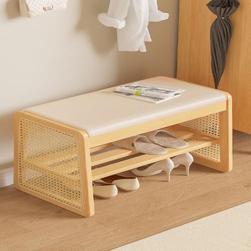 RUYICZB Schuhaufbewahrungsbank Für Den Eingangsbereich, Schuhbank Aus Massivholz Mit Kissen, 2-Stöckiges Schuhregal Mit Rattan-Seitenregal, Schuhregal Mit Offenen Regalen Für Flur,Natural,100 * 35cm von RUYICZB
