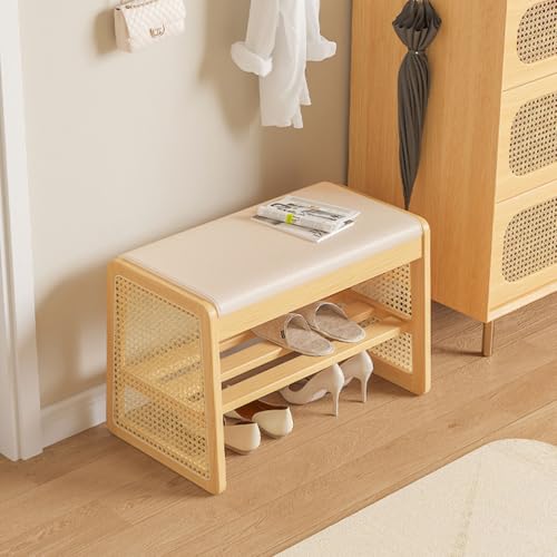 RUYICZB Schuhaufbewahrungsbank Für Den Eingangsbereich, Schuhbank Aus Massivholz Mit Kissen, 2-Stöckiges Schuhregal Mit Rattan-Seitenregal, Schuhregal Mit Offenen Regalen Für Flur,Natural,60 * 35cm von RUYICZB