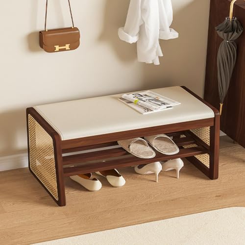 RUYICZB Schuhaufbewahrungsbank Für Den Eingangsbereich, Schuhbank Aus Massivholz Mit Kissen, 2-Stöckiges Schuhregal Mit Rattan-Seitenregal, Schuhregal Mit Offenen Regalen Für Flur,Walnut,100 * 35cm RUYICZB Schuhaufbewahrungsbank Für Den Eingangsbereich, Schuhbank Aus Massivholz Mit Kissen, 2-Stöckiges Schuhregal Mit Rattan-Seitenregal, Schuhregal Mit Offenen Regalen Für Flur,Walnut,100 * 35cm von RUYICZB