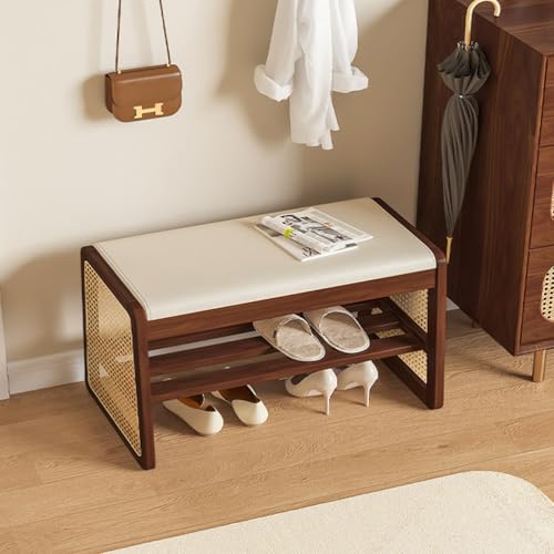 RUYICZB Schuhaufbewahrungsbank Für Den Eingangsbereich, Schuhbank Aus Massivholz Mit Kissen, 2-Stöckiges Schuhregal Mit Rattan-Seitenregal, Schuhregal Mit Offenen Regalen Für Flur,Walnut,80 * 35cm RUYICZB Schuhaufbewahrungsbank Für Den Eingangsbereich, Schuhbank Aus Massivholz Mit Kissen, 2-Stöckiges Schuhregal Mit Rattan-Seitenregal, Schuhregal Mit Offenen Regalen Für Flur,Walnut,80 * 35cm von RUYICZB