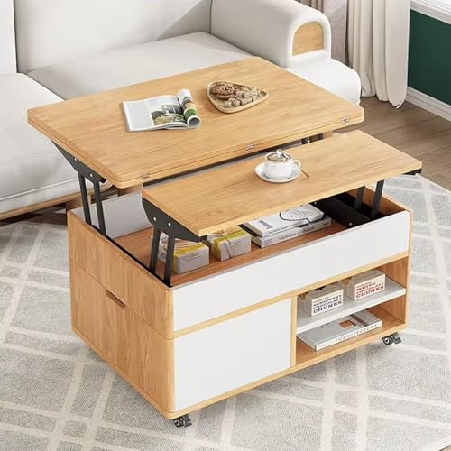 RUYICZB Wohnzimmertisch Mit Höhenverstellbarer, 3-In-1-Multifunktions Kaffeetisch Mit Stauraum Und Offenen Fächern, Couchtisch Lässt Sich in Einen Esstisch Für Das Wohnzimmer Umwandeln,Weiß von RUYICZB