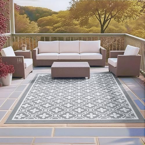 Outdoor Teppich Wetterfest & UV-beständiger, 160x230 cm Herbst-Teppich für Terrasse, Garten und Camping, Wasserdichter & Rutschfester Außenteppich, Maschinenwaschbarer Balkon Teppich, Graue Blume. von RV MURTS