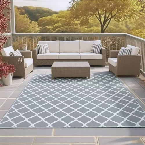 Outdoor Teppich Wetterfest & UV-beständiger, Herbst-Teppich für Terrasse, Garten und Camping, Wasserdichter & Rutschfester Außenteppich, Maschinenwaschbarer Balkon Teppich, 80x150 cm, Graue Gitter. von RV MURTS