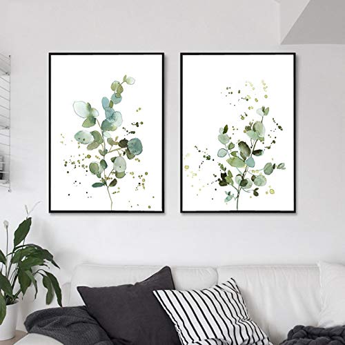 RVCKVS Minimalistisches botanisches Poster Eukalyptus-Leinwand-Malerei im grünen Stil, Kunstdruck, nordisches Baumblatt, Wandbild, Schlafzimmer-Dekoration, 60 x 90 cm, 2 Stück, rahmenlos von RVCKVS