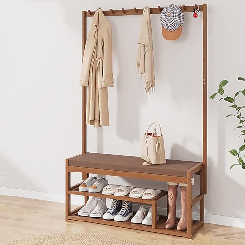 Garderobe mit Bank und Schuhschrank, Massiver Bambusrahmen, Schmale Garderobe aus Holz mit Bank, Haken und doppeltem Ablageregal, 3 in 1, Eingangsbank mit Schuhschrank, Geeignet für Flur Brown,80 von RVGVPMAMTZ
