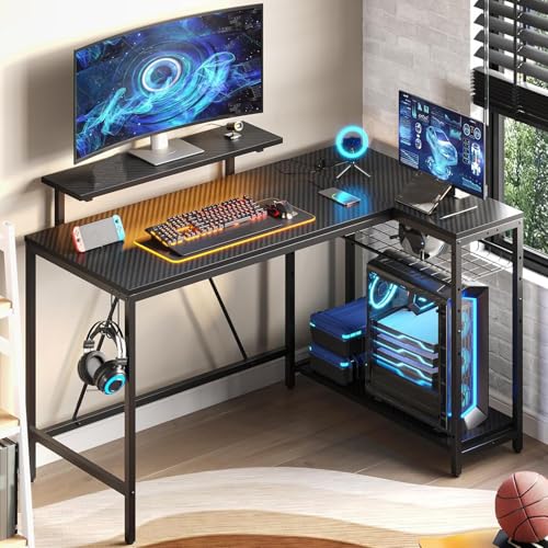 L-förmiger Gaming-Schreibtisch, Computertisch mit LED-Licht und Steckdose, wendbarer Eckschreibtisch mit Ablage und Kopfhörerhaken, PC-Arbeitsplatz fürs Homeoffice Black L-förmiger Gaming-Schreibtisch, Computertisch mit LED-Licht und Steckdose, wendbarer Eckschreibtisch mit Ablage und Kopfhörerhaken, PC-Arbeitsplatz fürs Homeoffice Black von RVGVPMAMTZ
