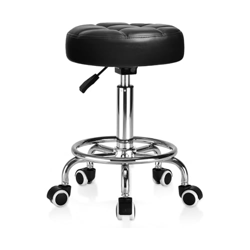 RVGVPMAMTZ Drehbarer Bürohocker, runder Rollhocker aus Leder, superweicher gepolsterter Pouf mit Rollen und Fußstütze, höhenverstellbar, 360° drehbarer Zeichenstuhl für Büro, Geschäft, Salon Black von RVGVPMAMTZ