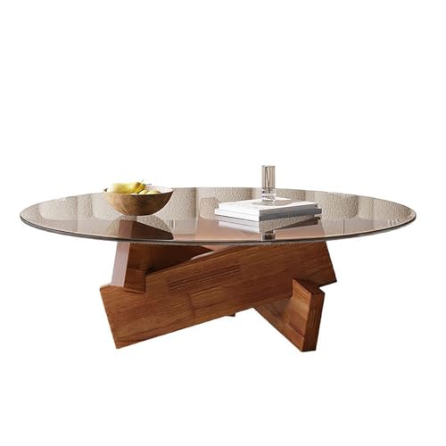 RVGVPMAMTZ Runder Couchtisch, Couchtisch mit Glasplatte und Massivholzsockel, Cocktailtisch, rustikaler Wohnzimmertisch im Stil der Mitte des Jahrhunderts für Zuhause, Wohnzimmer, Schlafzimmer Walnut von RVGVPMAMTZ