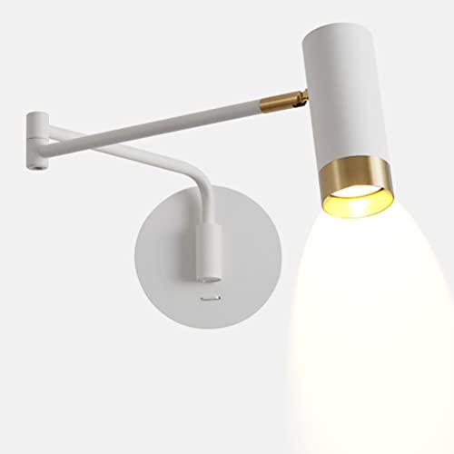 Vintage Industrial Wall Light with Adjustable Long Arm Swiveling Metal Shade and Switch Retro White Metal Bedroom Wall for Reading and Room Lighting von RVHAOODI