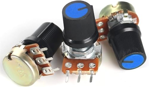 Einstellbarer Widerstand, 5Set 15mm WH148 Linearpotentiometer 3-poliges Potentiometer-Kit 1K 2K 5K 10K 20K 50K 100K 250K 1M mit blauer AG3-Knopfkappe(10K Ohm) von RVJCMCDC