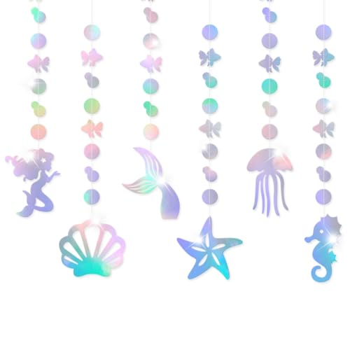 Meerjungfrau Geburtstag Deko Iridescent Meerjungfrau Garland with Mermaid Seashell Starfish Jellyfish Seepferdchen Holographic Pearl Streamer Unterwasserwelt Kindergeburtstag Birthday Party Deko von RVLZKCPG