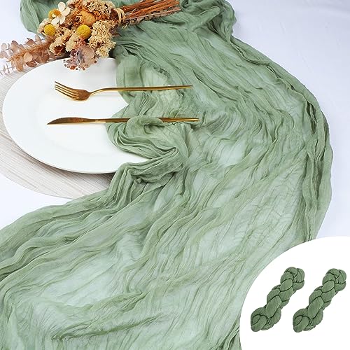2 Stück Tischläufer Grün, 90x400 cm Käsetuch Tischläufer Eukalyptus Grün, Musselin Tischläufer Salbeigrün, Lang Rustikaler Boho Gaze Stoff Table Runner für Hochzeitsdeko Geburtstag Tischdeko (grün) von RVLZKCPG