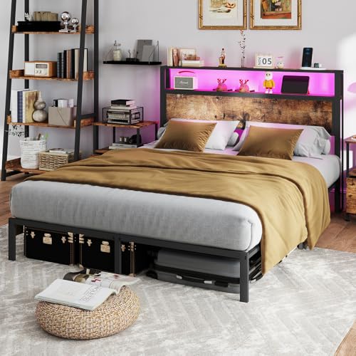 RVONOW Queen Size Bettrahmen mit Kopfteil, Plattformbettrahmen aus Metall mit LED-Lichtern von RVONOW