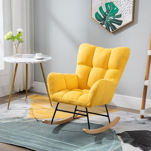 RWCCCRW Mode Wingback Schaukelstuhl Büro Lounge Stuhl Erwachsene Reading Stuhl Relaxstuhl Bequeme gepolsterte Rocker Sessel mit massiven Holzbeinen für Wohnzimmer Schlafzimmer von RWCCCRW