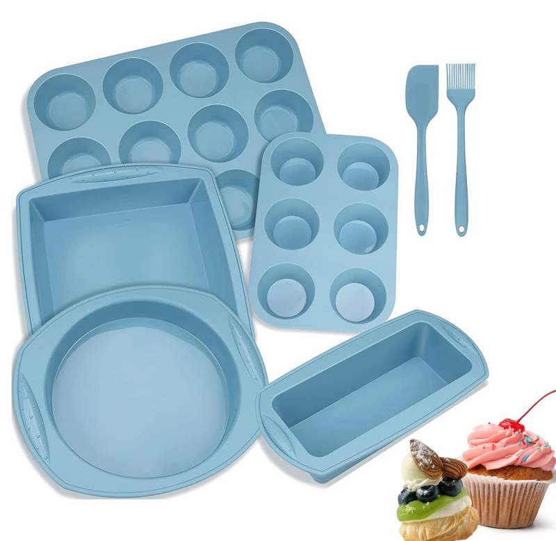RWEUOQ Backform Backform Silikon Backform Backblech-Set 7 teilig mit Bürste und Spatel, (aus lebensmittelechtem Silikon), Antihaftbeschichtet und leicht zu entformen, für Kuchen, Muffins usw. von RWEUOQ