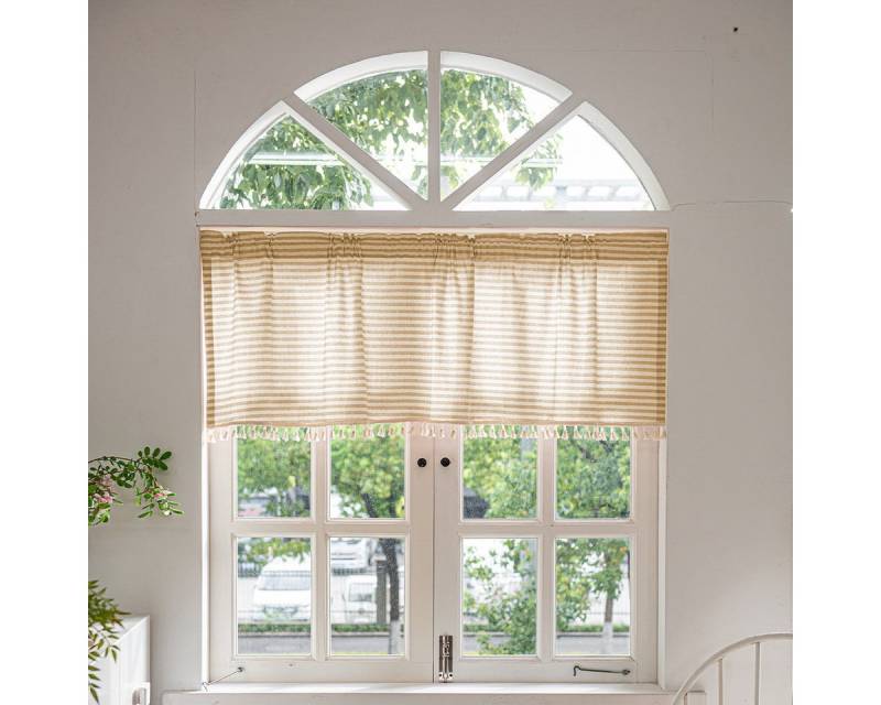 RWEUOQ Gardine Gardinen einfache gestreifte kurze Vorhänge mit Quasten, aus Leinen, Geeignet für kleine Fenster, Schlafzimmer, Bauernhaus, Küche, Café von RWEUOQ