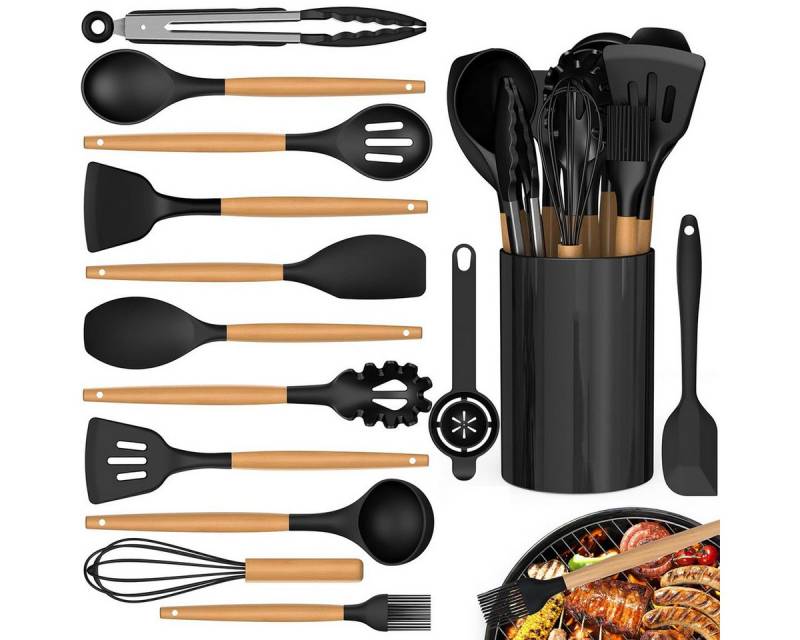 RWEUOQ Kochbesteck-Set Küchenutensilien Set aus Silikon und Holzgriffen Küchenutensilie 14PCS (Kochutensilien Set auf Alle Töpfe & Pfannen), Hitzebeständig, Antihaft und Leicht zu Reinigen von RWEUOQ