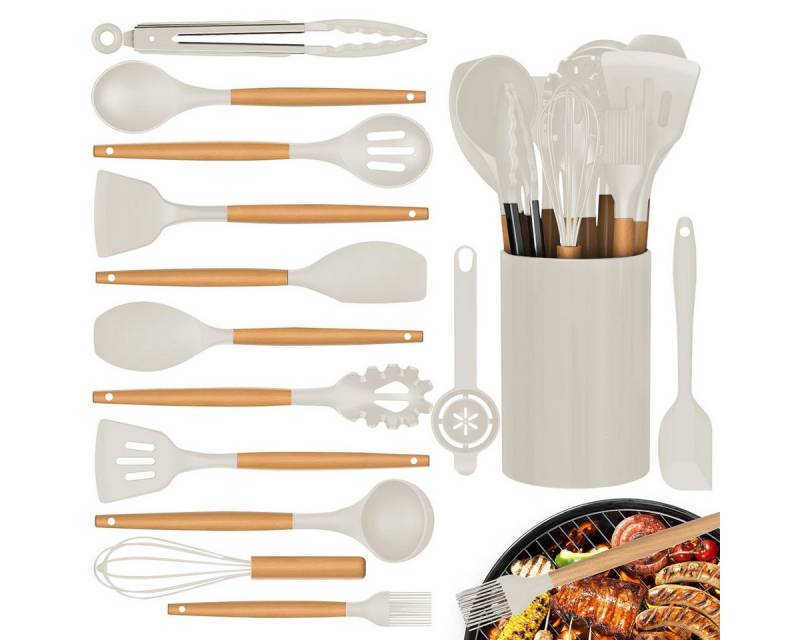 RWEUOQ Kochbesteck-Set Küchenutensilien Set aus Silikon und Holzgriffen Küchenutensilie 14PCS (Kochutensilien Set auf Alle Töpfe & Pfannen), Hitzebeständig, Antihaft und Leicht zu Reinigen von RWEUOQ